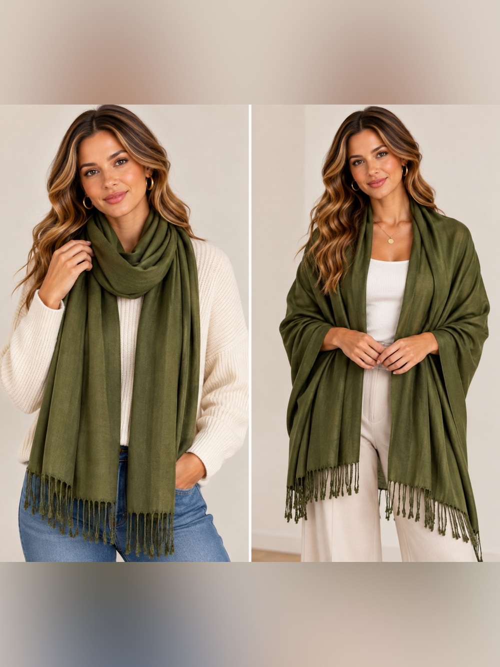 Olive Green Women's Scarf - Lightweight Fringe Wrap